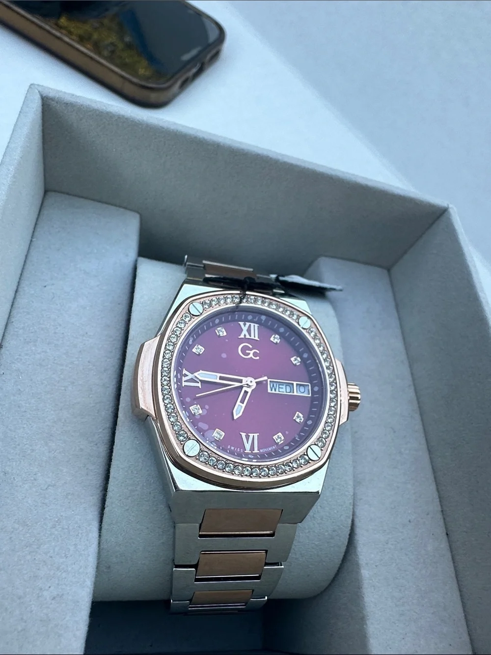 New Gc Two-Tone Bracelet Watch with Burgundy Dial